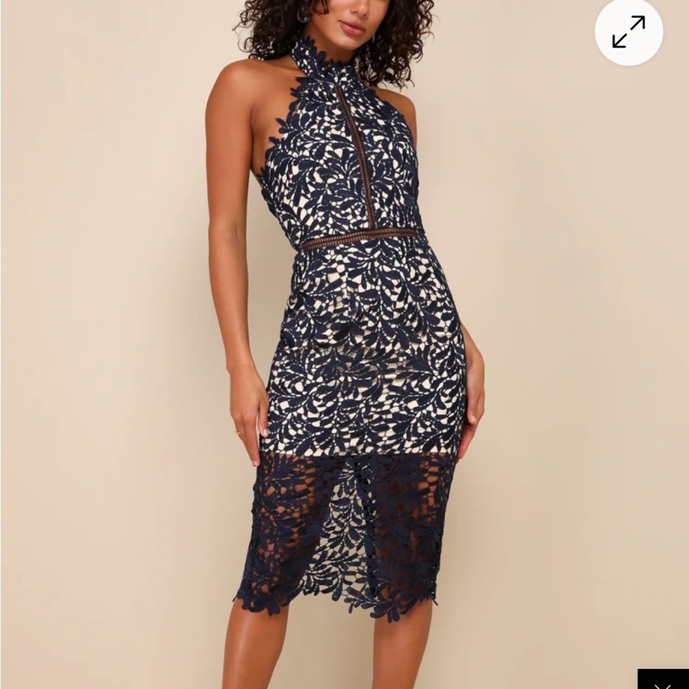 Elegant Navy Lace Halter Dress